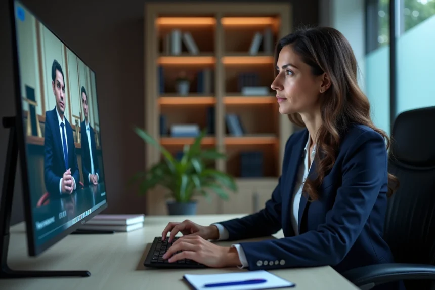 Avocate suivant à distance les sessions du congrès UINL Paris sur son ordinateur depuis son bureau professionnel