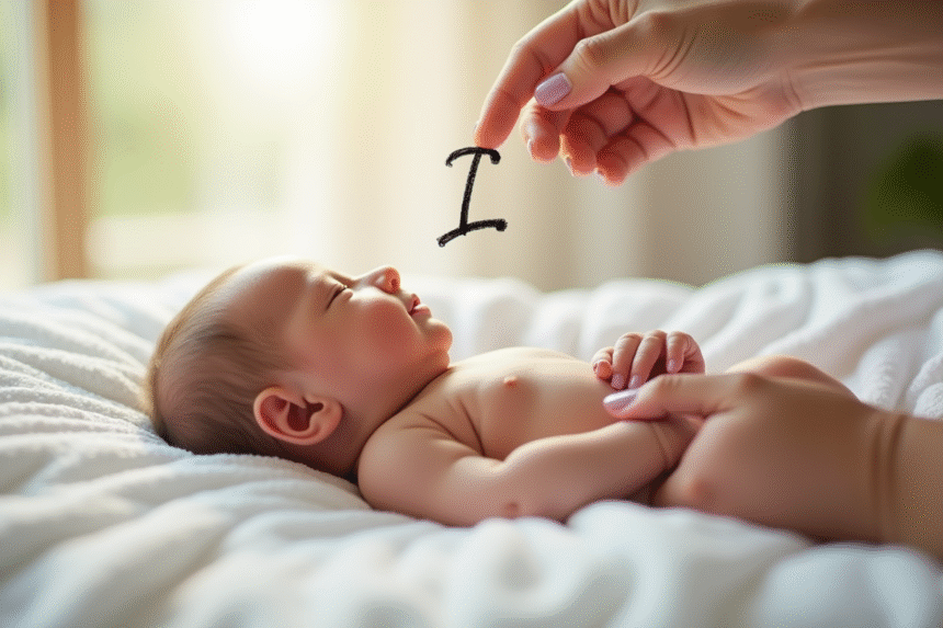 Bébé endormi sur une couverture blanche avec un parent écrivant la lettre I