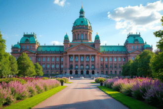 Bâtiment gouvernemental à Helsinki entouré de jardins en fleurs