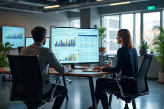 Bureau moderne avec équipe analysant un tableau digital ERP