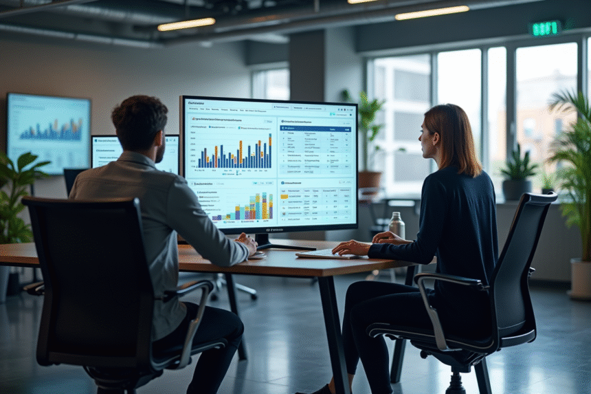 Bureau moderne avec équipe analysant un tableau digital ERP