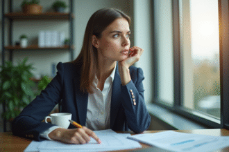 Femme réfléchie dans un bureau public en journée