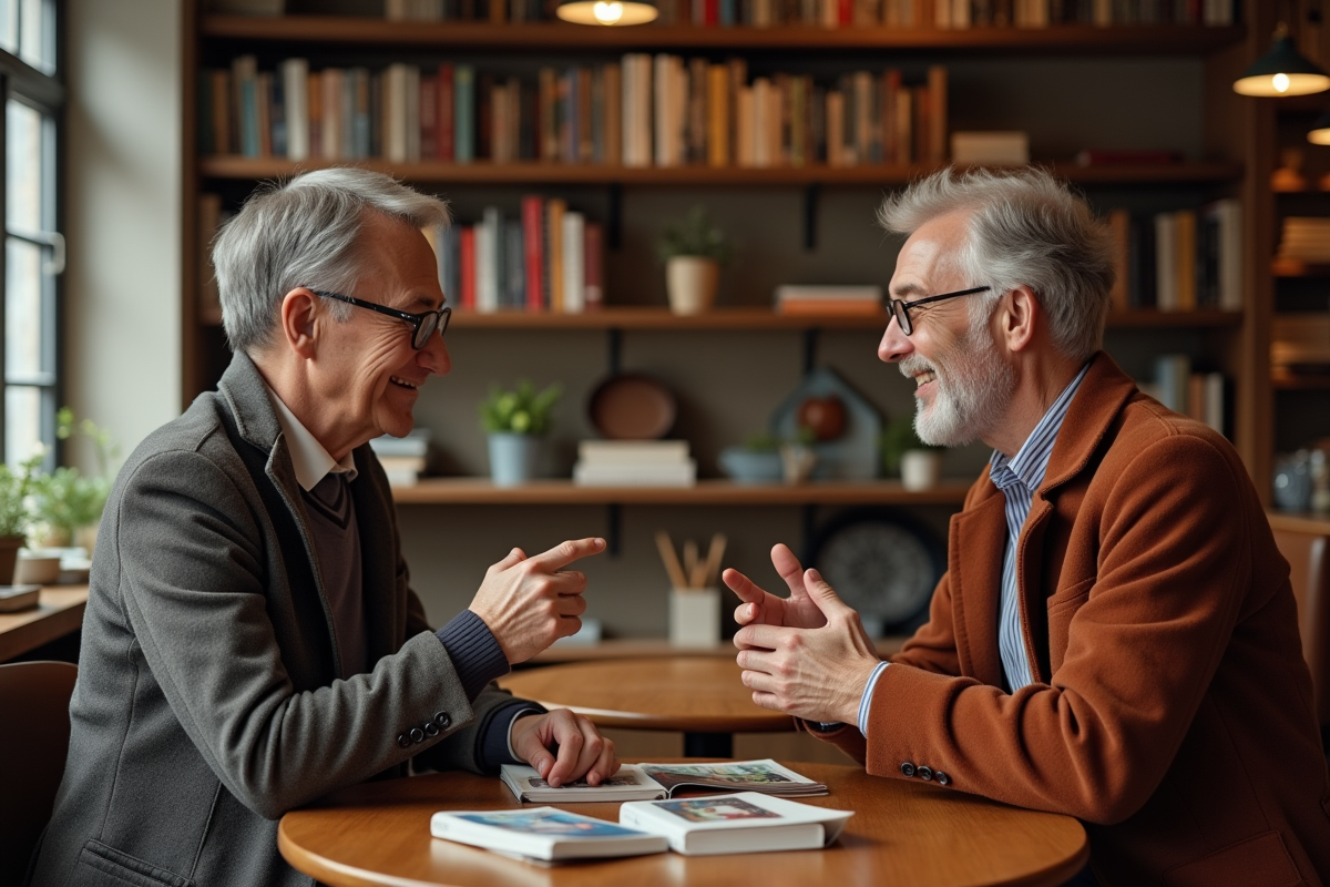 Homme et femme discutant dans un café chaleureux