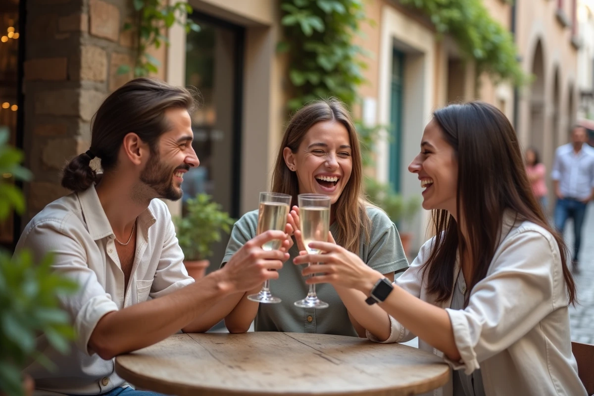 Groupe d'amis riant et portant un toast dans un café de village en Europe du Sud, illustrant concrètement l'expression carpe diem et la joie de l'instant présent