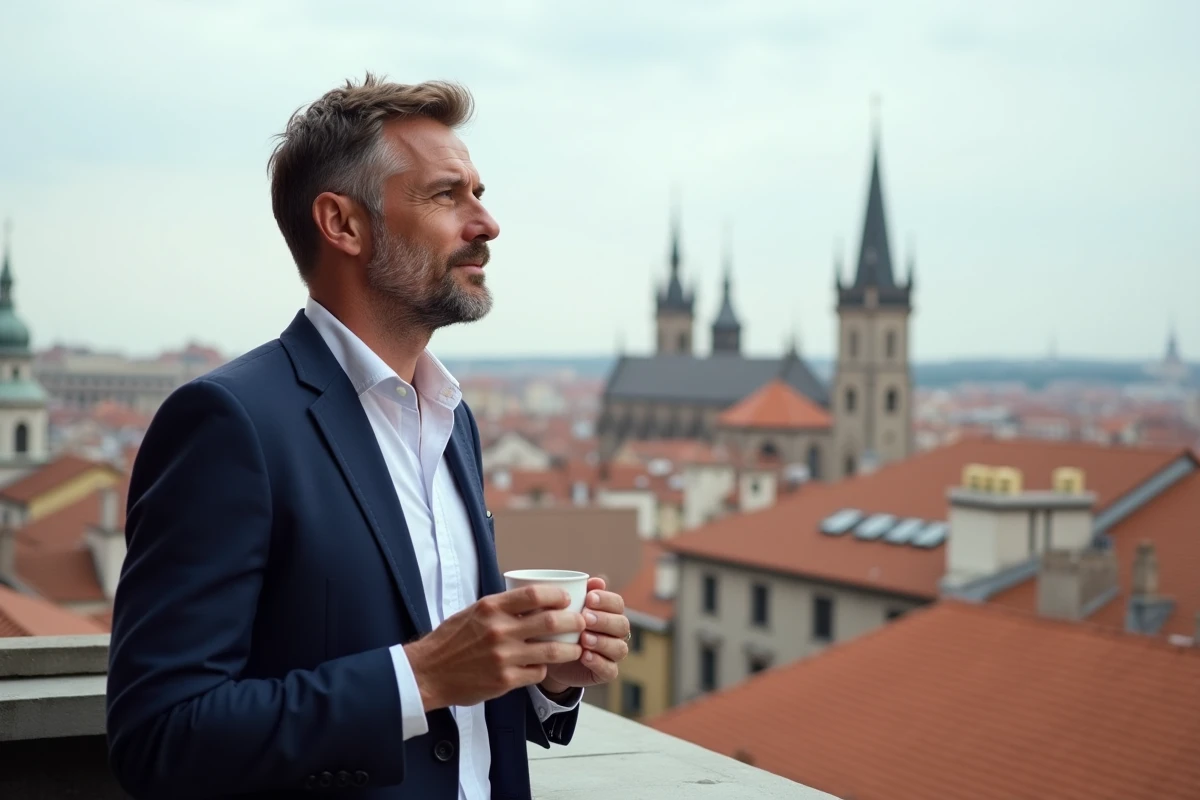 Homme contemplant un panorama urbain européen depuis une terrasse, symbolisant la philosophie carpe diem et la conscience du temps qui passe