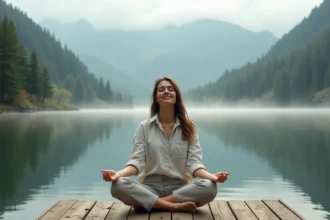 Femme méditant au bord d'un lac de montagne, incarnant la philosophie du carpe diem et de la plénitude du moment présent