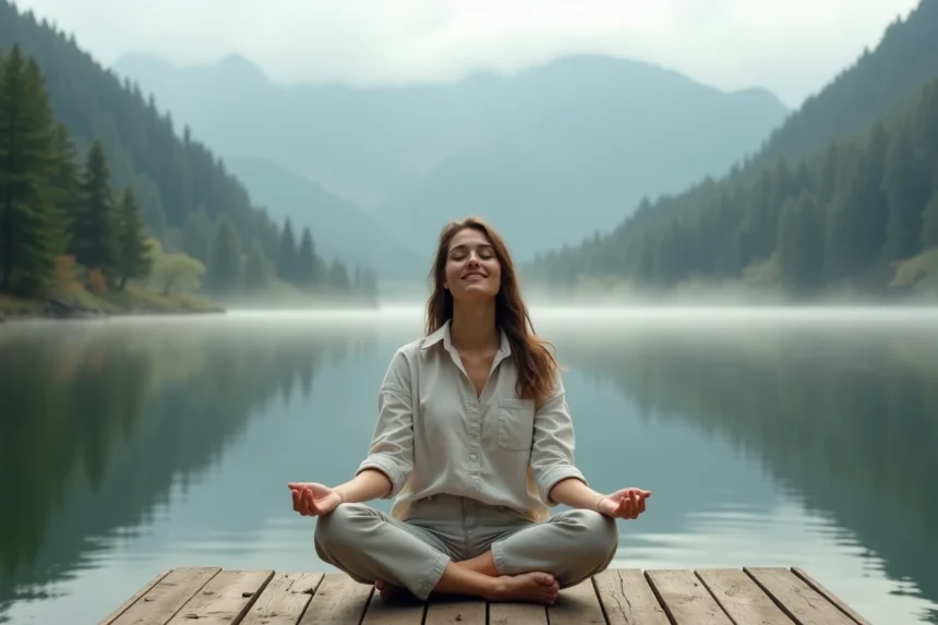 Femme méditant au bord d'un lac de montagne, incarnant la philosophie du carpe diem et de la plénitude du moment présent