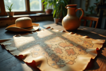 Carte au trésor pirate sur une table en bois avec chapeau