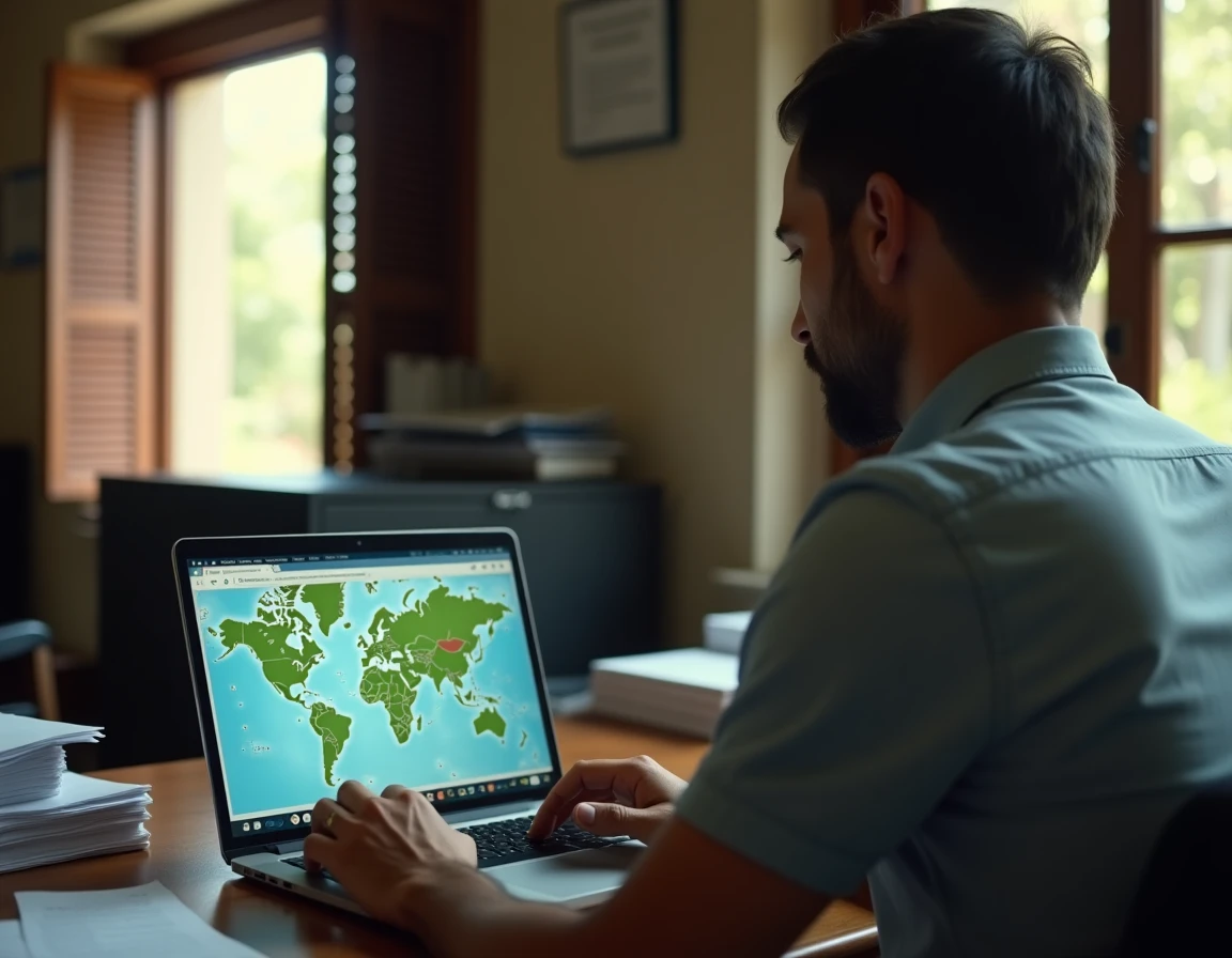 Homme utilisant une carte interactive des ZIP codes de Port Louis sur ordinateur portable dans un bureau mauricien