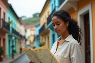 Femme consultant une carte des codes postaux de Port Louis, Maurice, devant un bâtiment colonial coloré