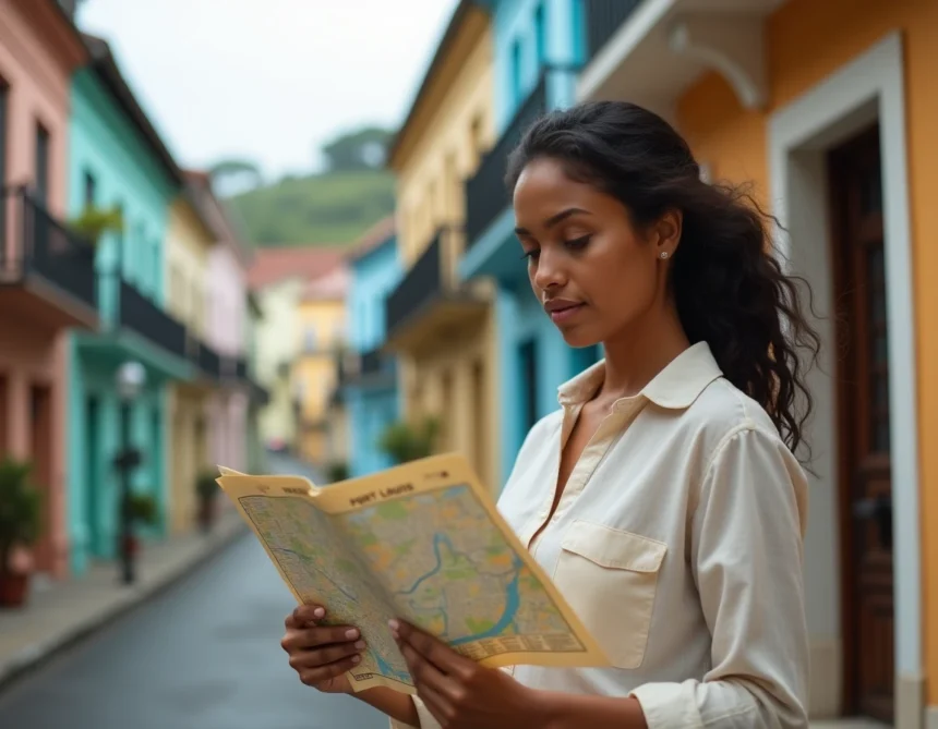 Femme consultant une carte des codes postaux de Port Louis, Maurice, devant un bâtiment colonial coloré