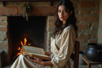 Jeune femme lisant un livre ancien de contes de fées près d'une cheminée en pierre dans une cuisine rustique, illustration de Cendrillon de Charles Perrault