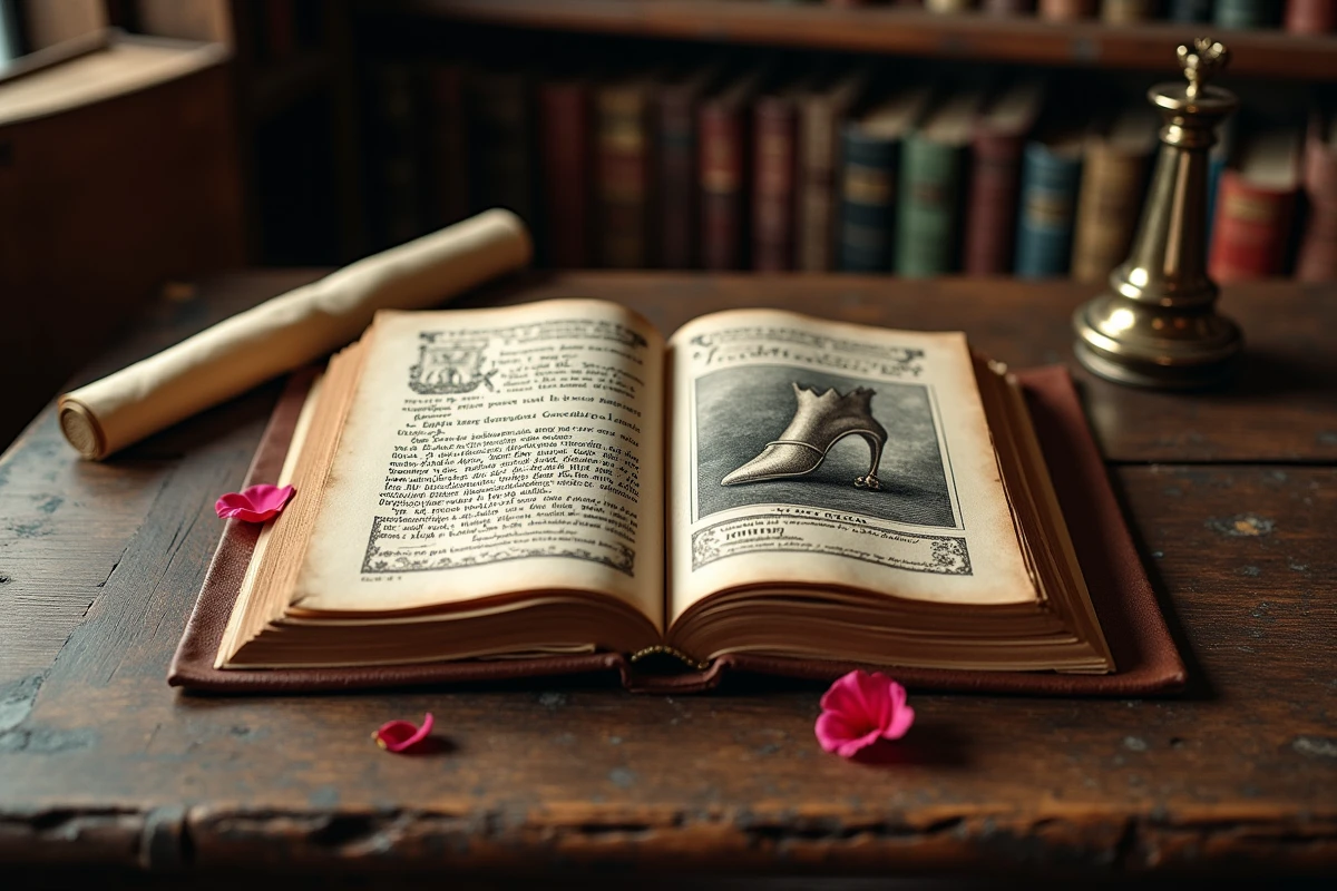 Livre ancien ouvert avec illustration de pantoufle de verre et texte calligraphique français sur une table en bois, évoquant le conte Cendrillon de Perrault