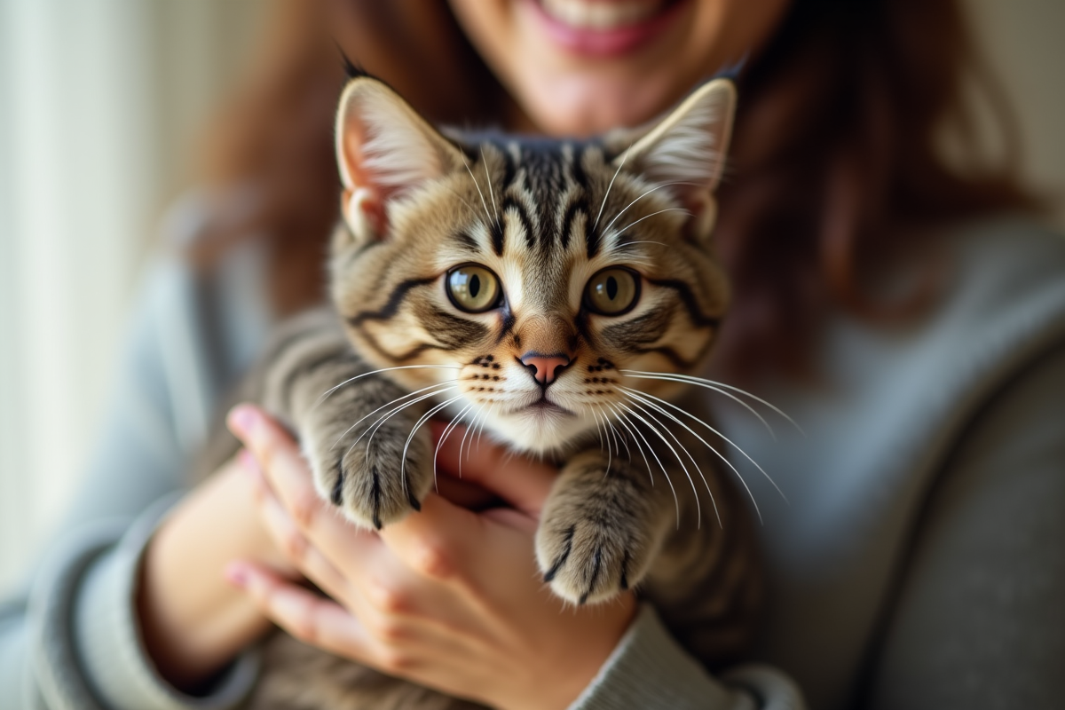 Chat british shorthair tenu par un adulte souriant en intérieur