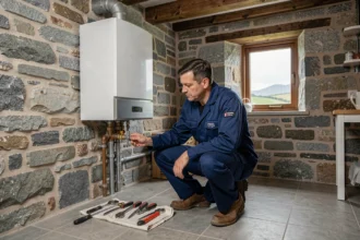 Technicien chauffagiste professionnel inspectant une chaudière murale dans une maison bretonne en pierre dans le Finistère
