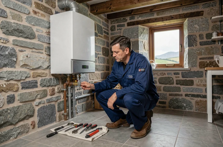 Technicien chauffagiste professionnel inspectant une chaudière murale dans une maison bretonne en pierre dans le Finistère