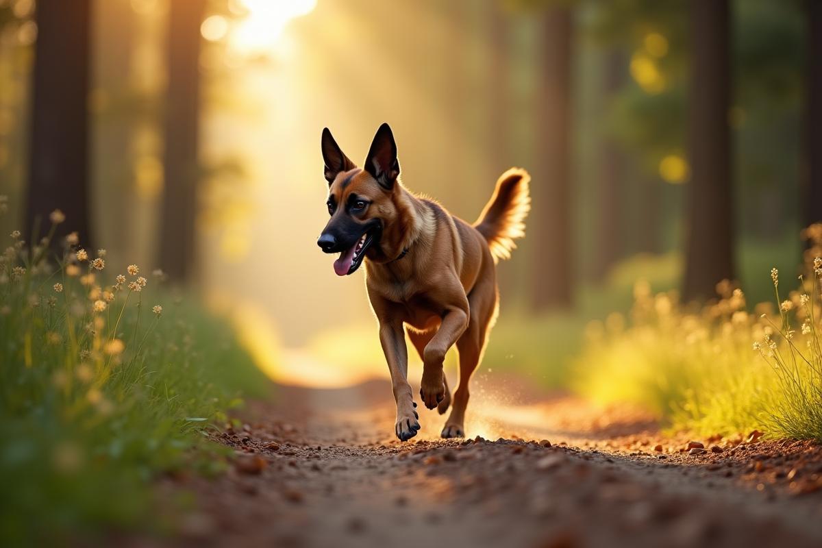 Chien Beauceron Malinois courant sur un sentier forestier