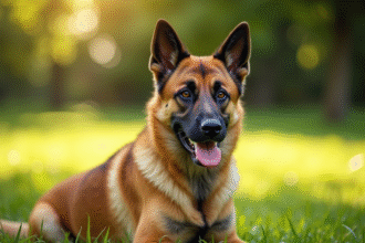 Chien Beauceron Malinois assis dans un parc ensoleille