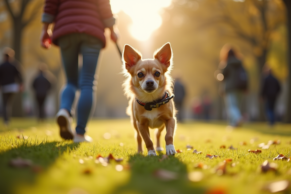 Chihuahua promenant dans un parc urbain au matin ensoleille