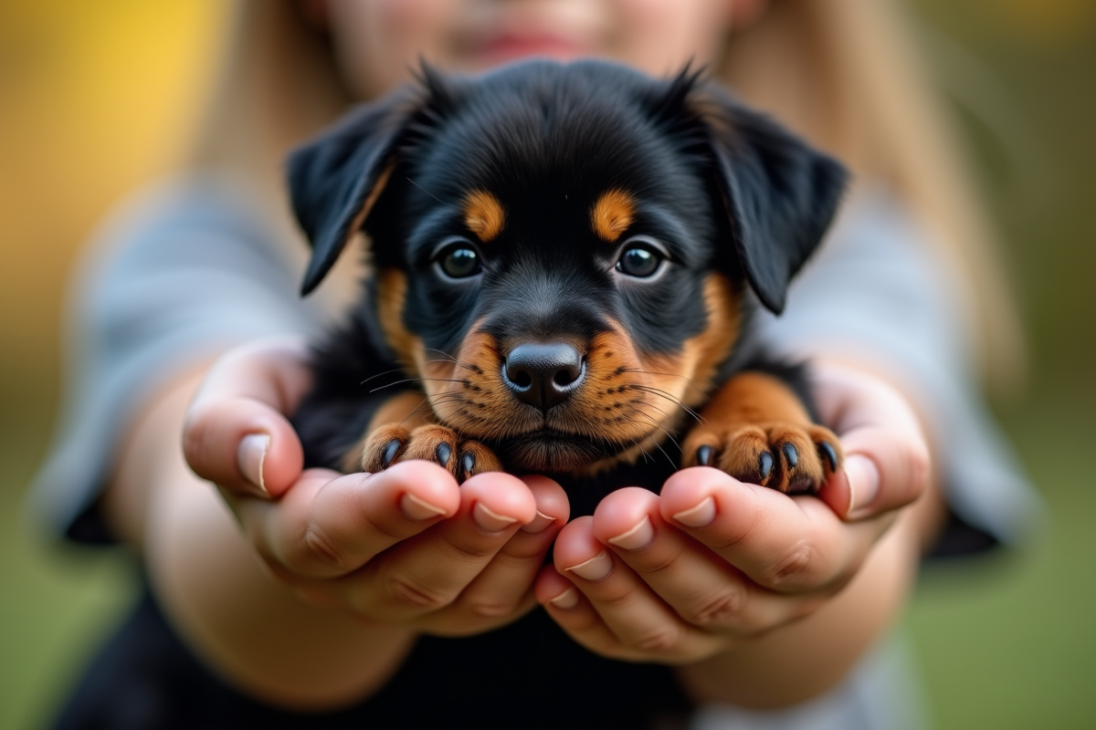 Chiot rottweiler tenu dans les mains d’un enfant en extérieur
