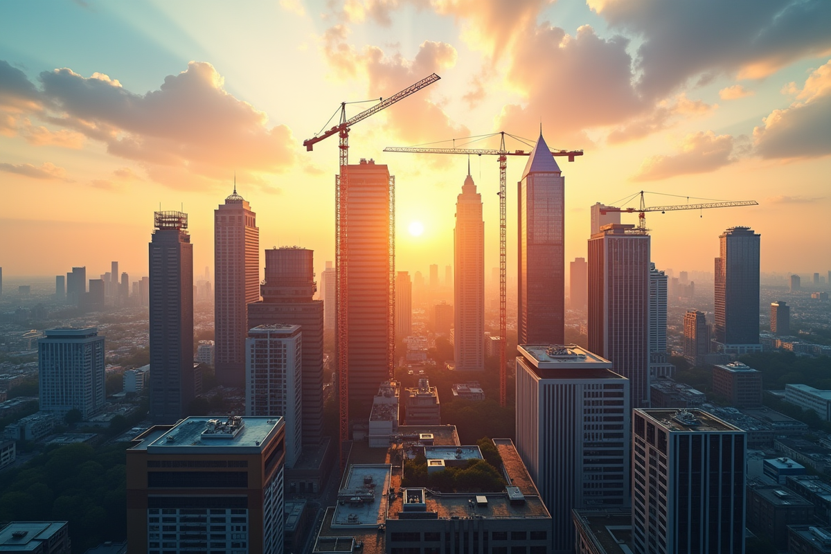 Paysage urbain avec gratte-ciel et construction au coucher du soleil