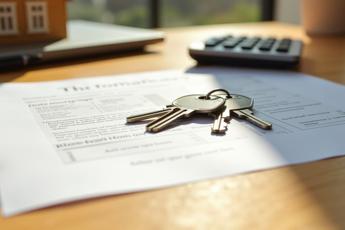 Clés de maison sur contrat de mortgage avec maquette de maison