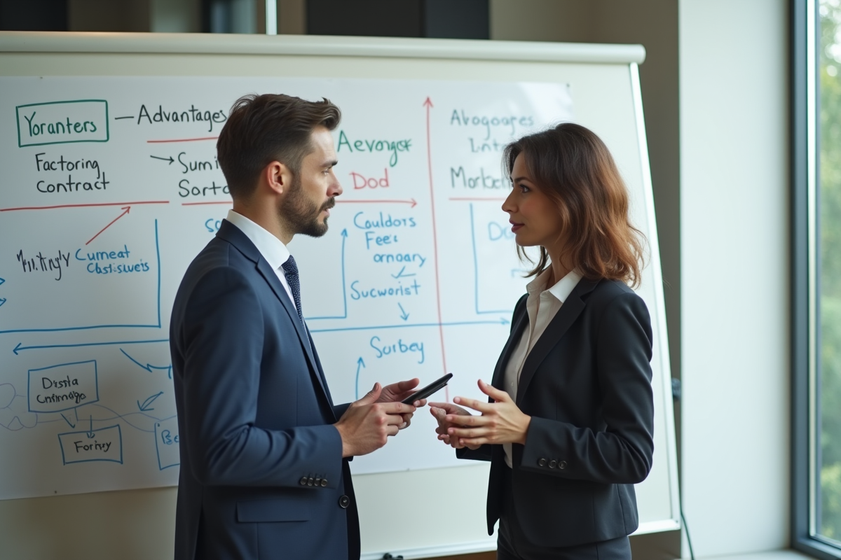 Deux collègues discutant devant un tableau blanc avec graphiques