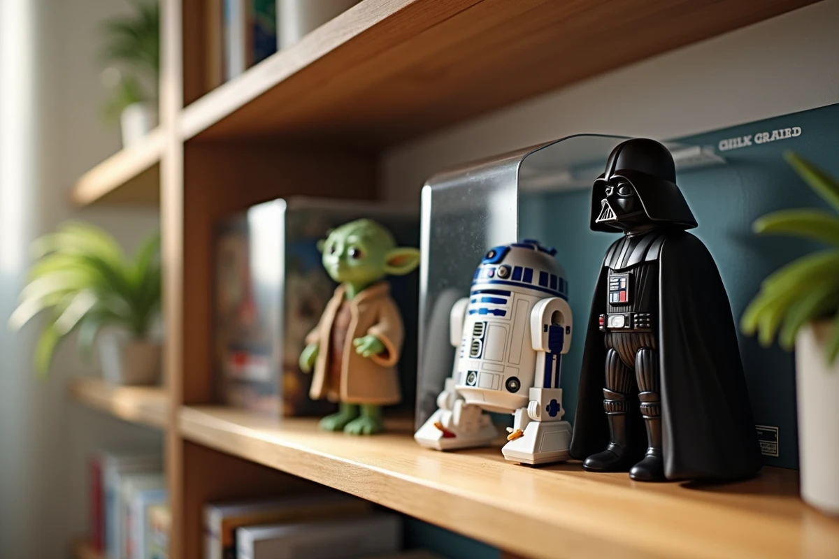 Étagère de figurines Star Wars pour enfants avec Yoda R2-D2 et Dark Vador exposés dans une maison familiale