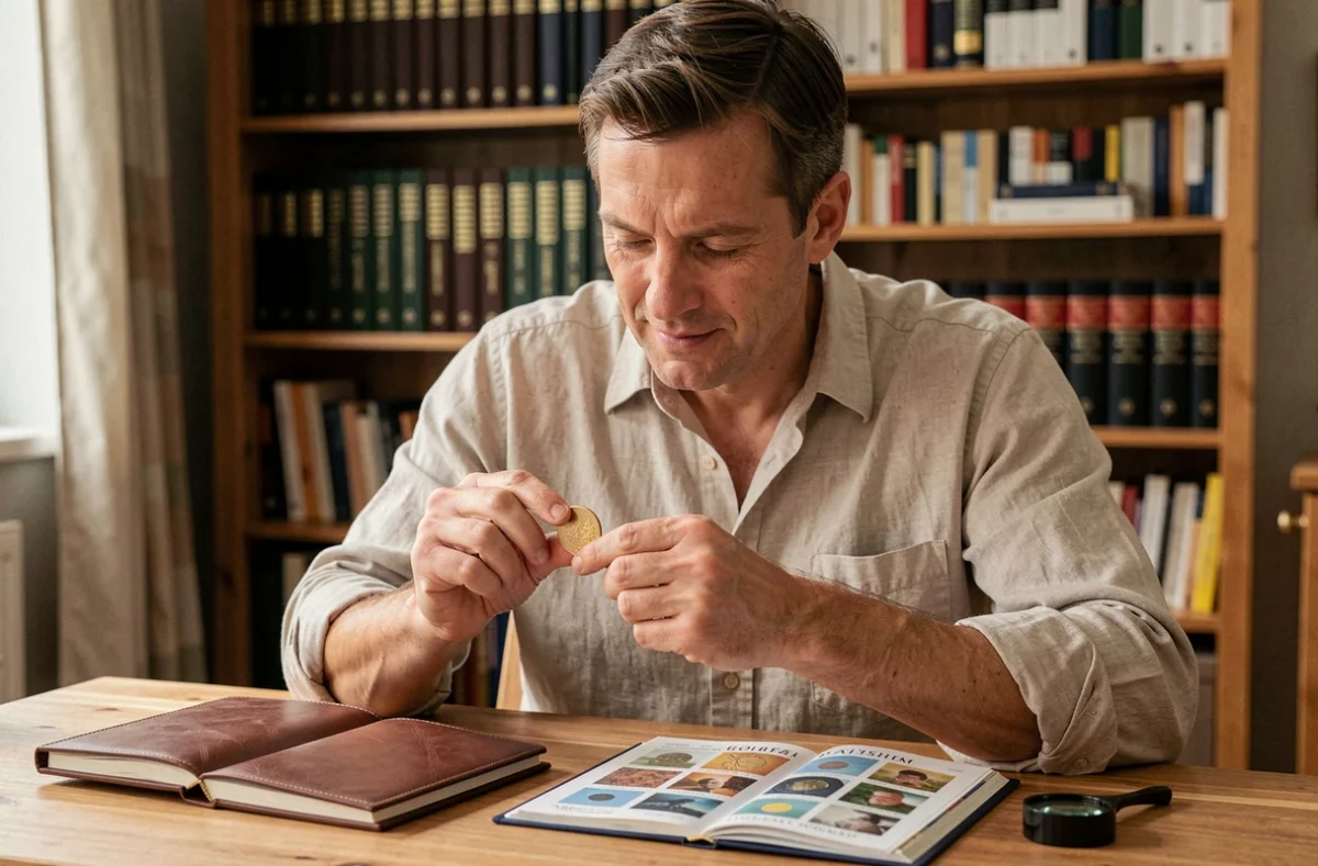 Collectionneur numismate examinant une pièce 2 euros Tour Eiffel JO 2026 avec loupe et catalogue de monnaies