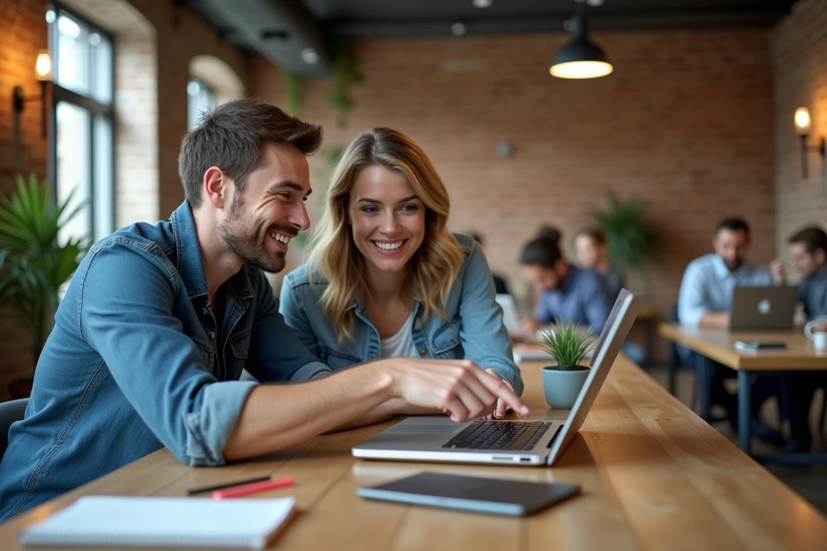 Deux collègues comparant des jeux de mots français comme Cémantix et Cepantix sur un ordinateur portable dans un espace de coworking