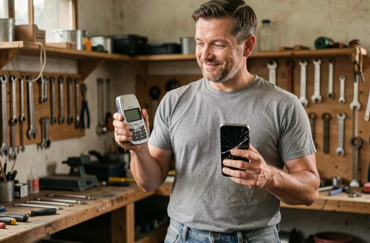 Homme tenant un vieux Nokia et un smartphone moderne cassé, comparaison entre robustesse et fragilité des téléphones