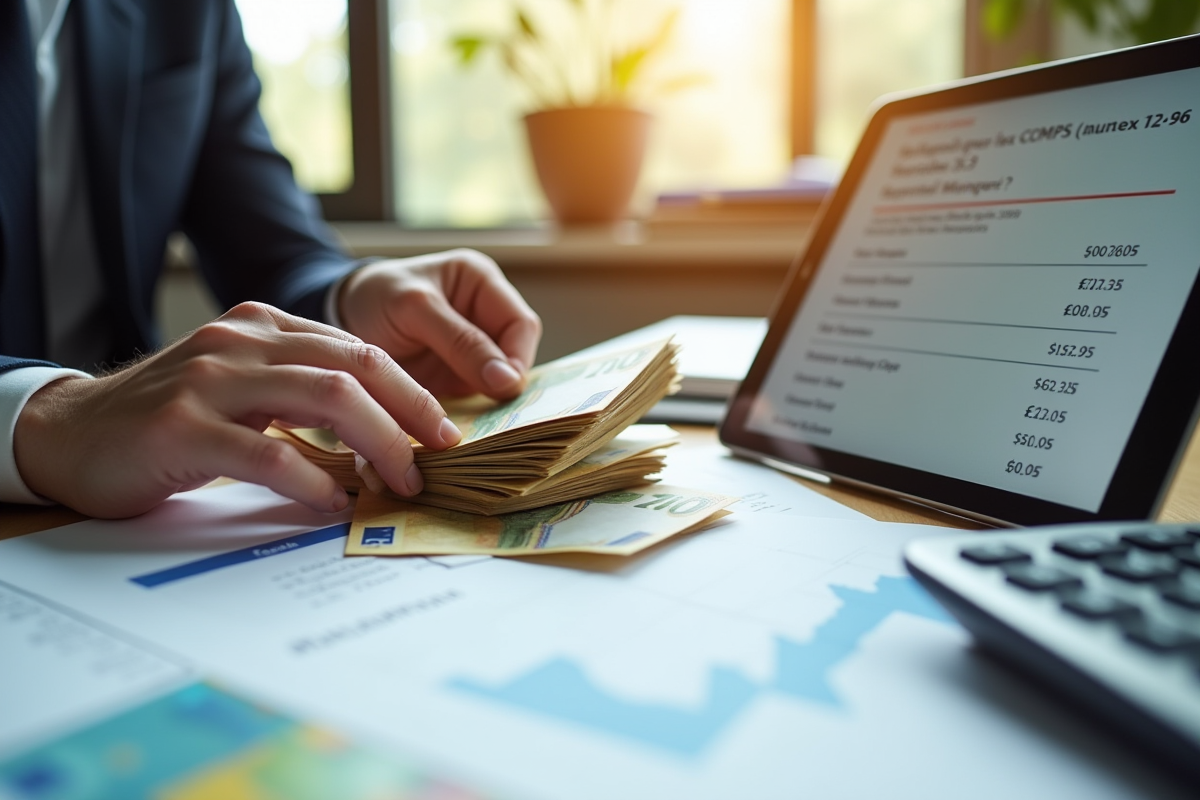 Main d’un professionnel comptant des billets d’euros sur un bureau