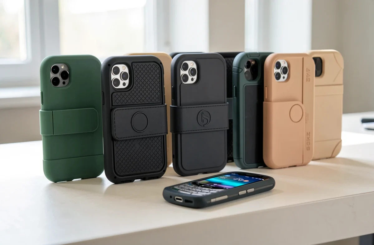 Coques souples, antichoc et étuis à rabat alignés autour d'un petit Nokia