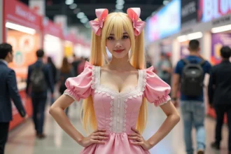 Cosplayeuse déguisée en Biscuit Krueger de Hunter x Hunter dans une robe victorienne rose lors d'une convention anime