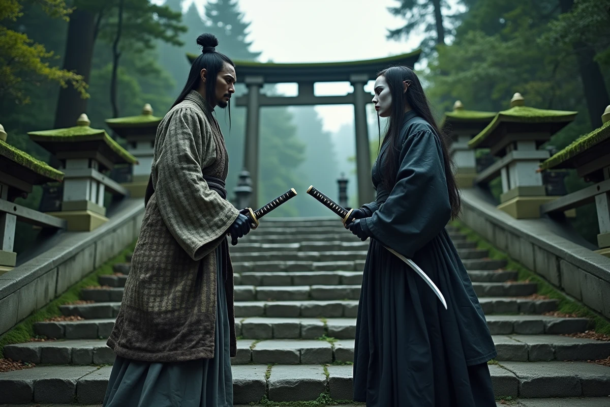 Deux cosplayers incarnant un tueur de démons et une Lune démoniaque de Demon Slayer face à face devant un sanctuaire shinto au crépuscule