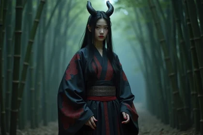 Cosplayer en kimono démonique noir et rouge dans une forêt de bambous brumeuse, évoquant les Lunes démoniaques de Demon Slayer