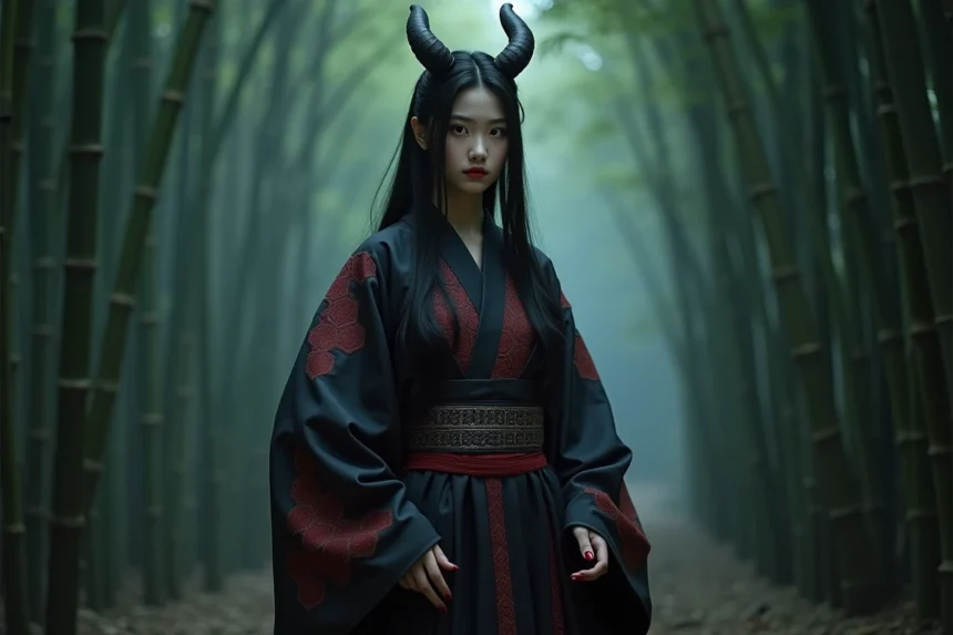Cosplayer en kimono démonique noir et rouge dans une forêt de bambous brumeuse, évoquant les Lunes démoniaques de Demon Slayer
