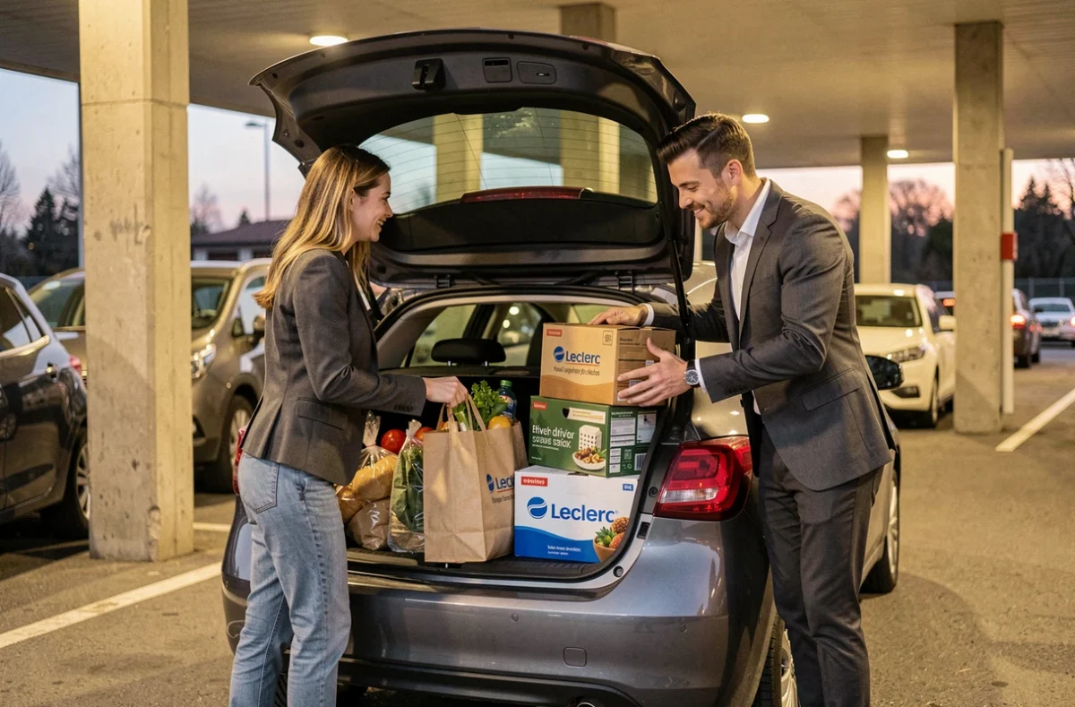 Couple de jeunes actifs chargeant leurs courses drive Leclerc dans le coffre de leur voiture