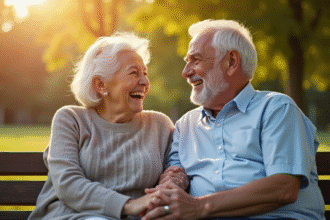 Couple âgé riant main dans la main sur un banc de parc