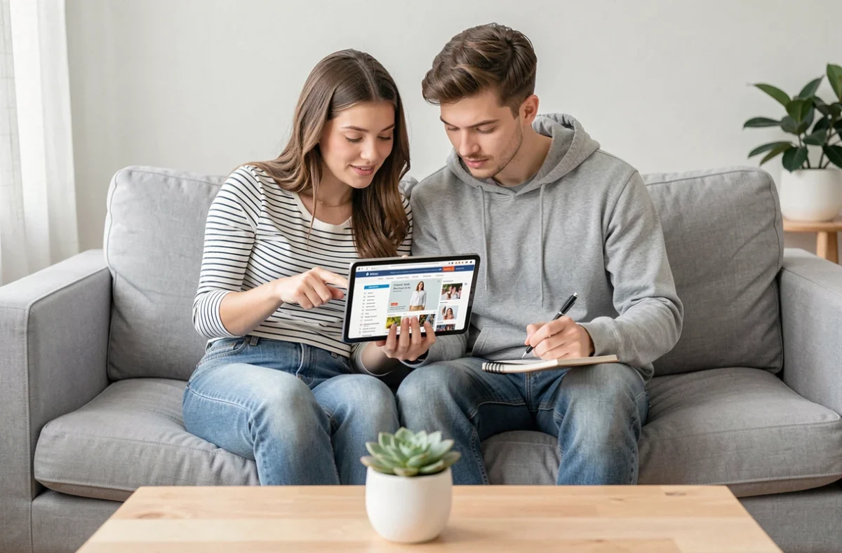 Couple consultant ensemble un site d'avis et de bons plans sur une tablette dans leur salon