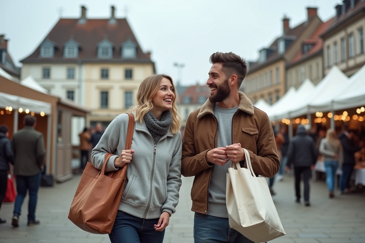 Couple visitant une grande braderie en plein air sur une place de ville dans le Nord