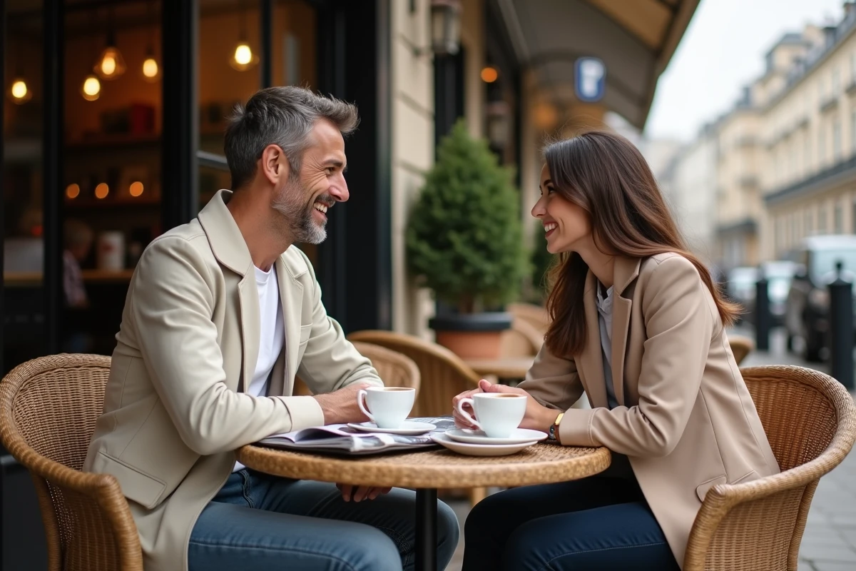 Couple discret attablé en terrasse de café parisien, symbole de l'équilibre entre notoriété et intimité