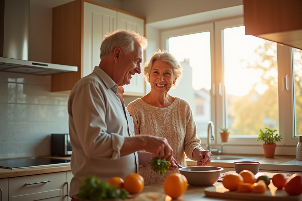 Vieux couple cuisinant dans une cuisine lumineuse