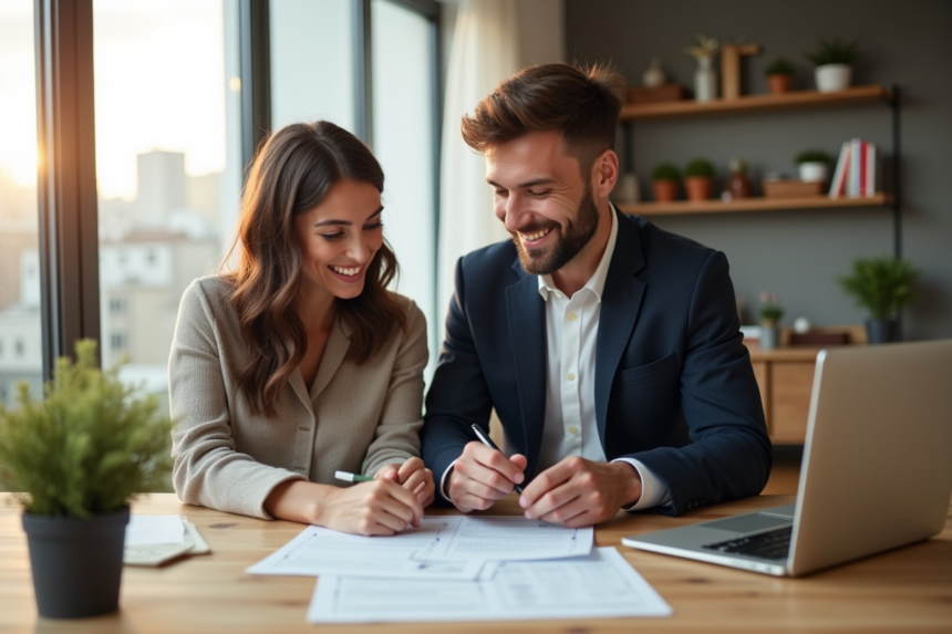 Jeune couple souriant examine des documents dans un appartement lumineux