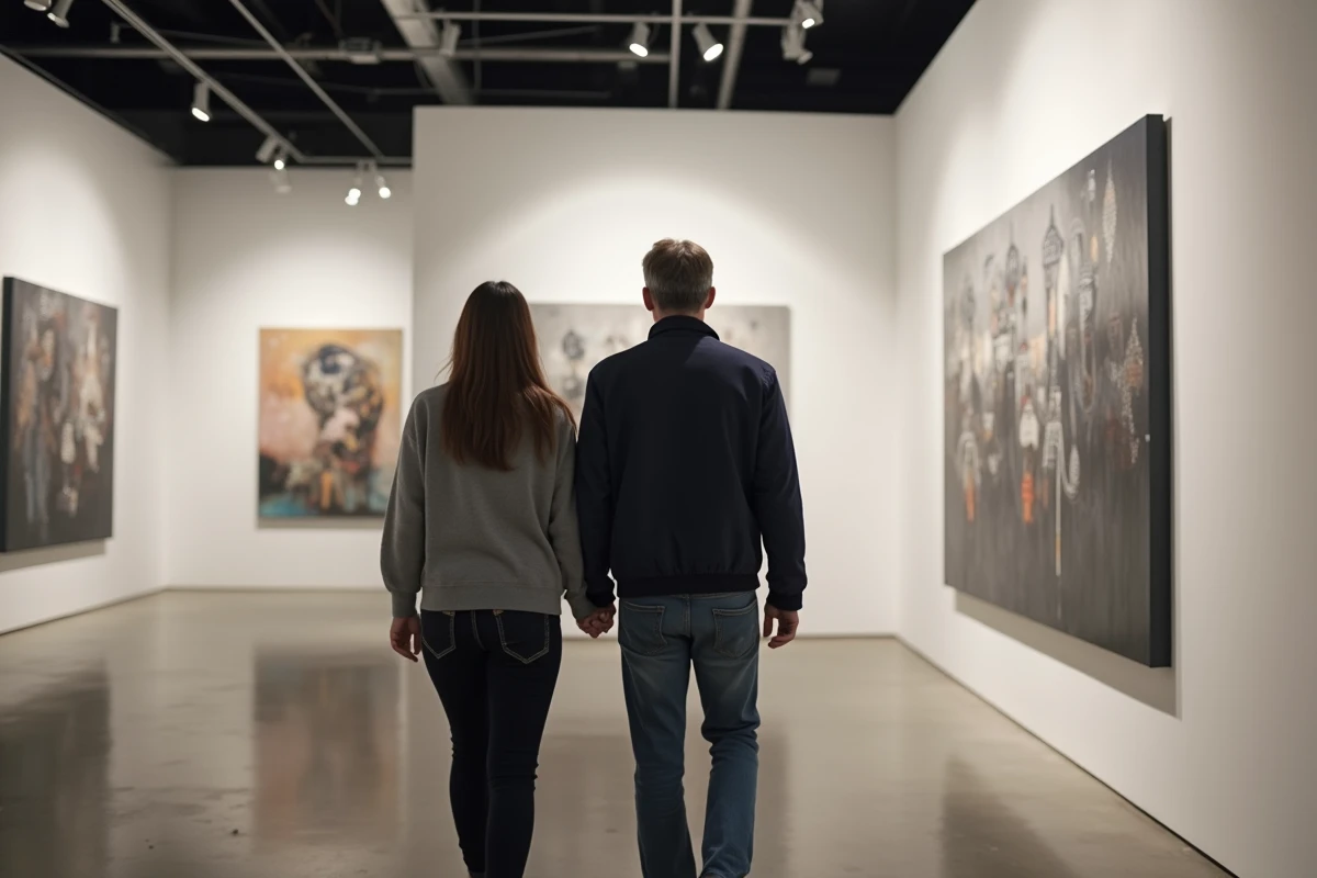 Couple admirant une œuvre dans une galerie d'art contemporain parisienne la nuit