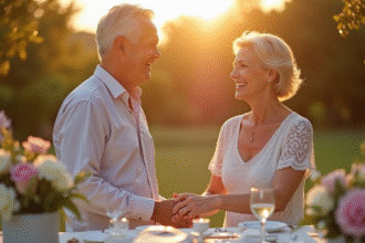Couple mature souriant lors d'un dîner en plein air avec gâteau