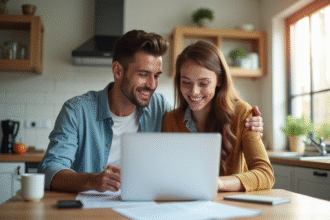 Jeune couple souriant examinant des documents de prêt immobilier