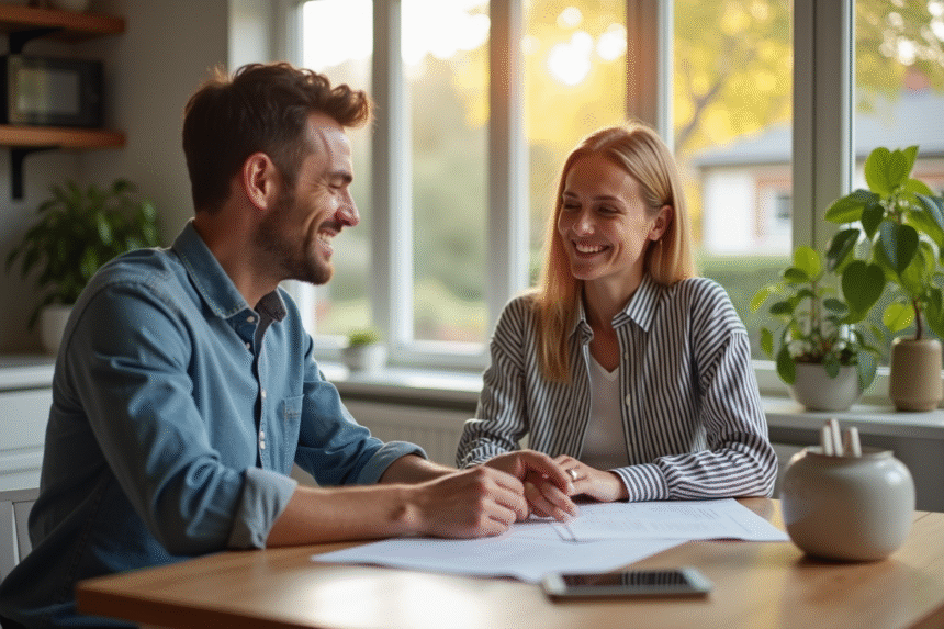 Couple heureux discutant de prêt immobilier avec conseiller