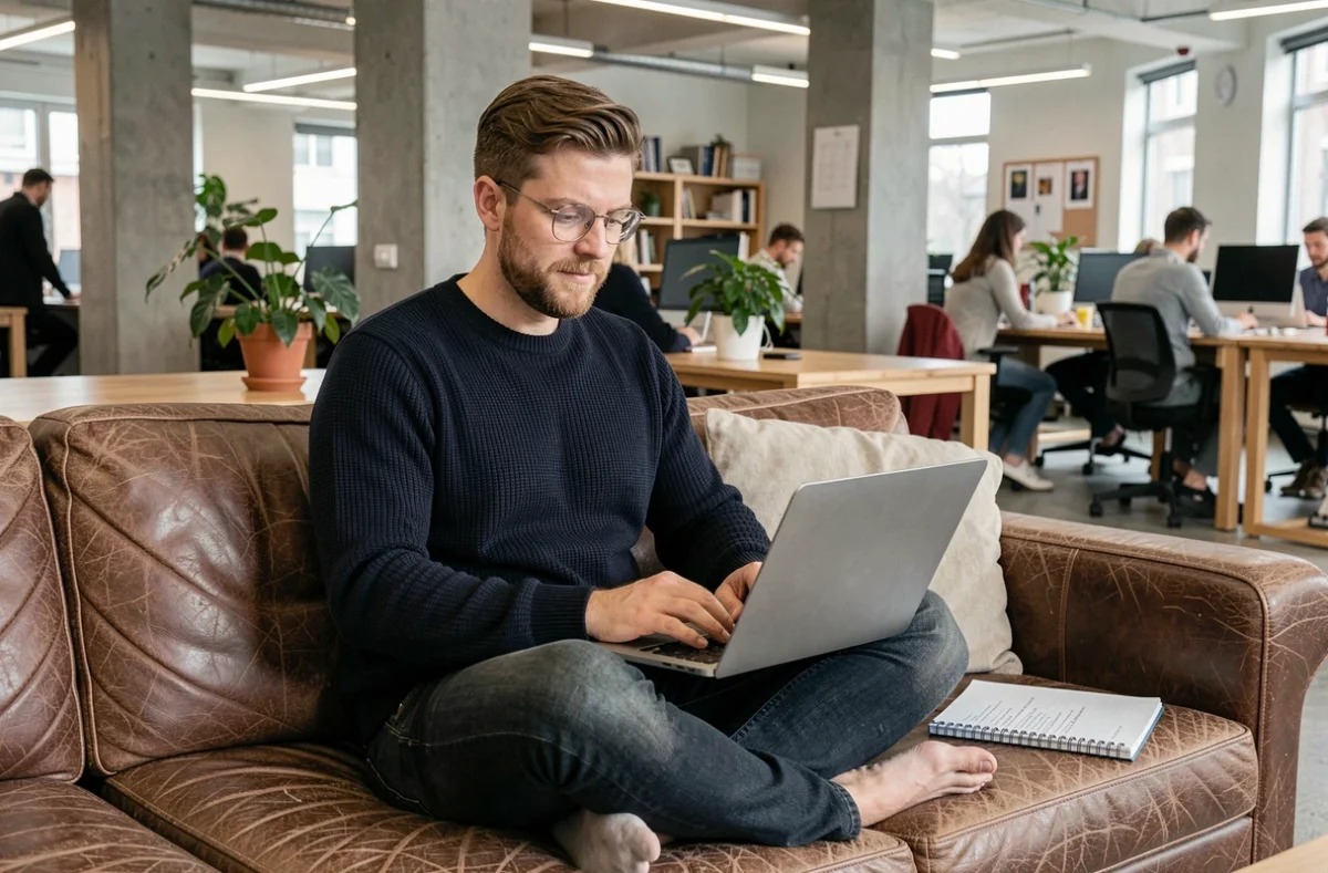 Jeune créatif indépendant travaillant sur son statut professionnel dans un espace de coworking moderne