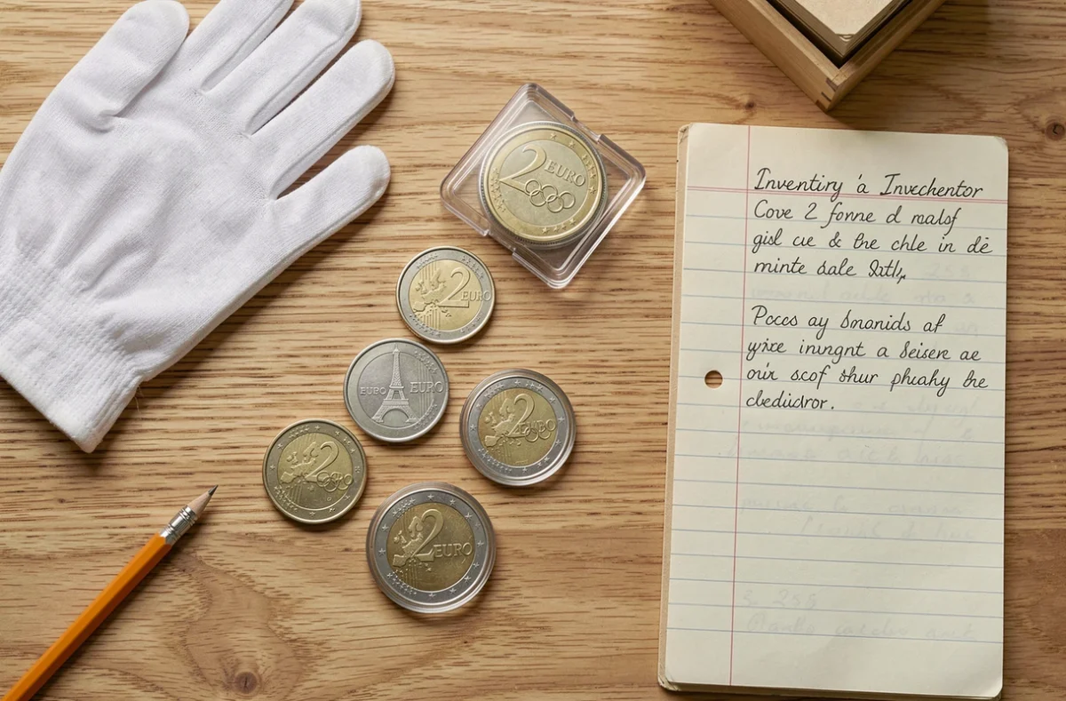 Espace de travail d'un débutant en numismatique avec pièces 2 euros JO 2026 Tour Eiffel gants et classeur de collection